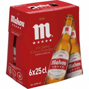MAHOU 5 ESTRELLAS cerveza rubia pack 6 botellas 25 cl